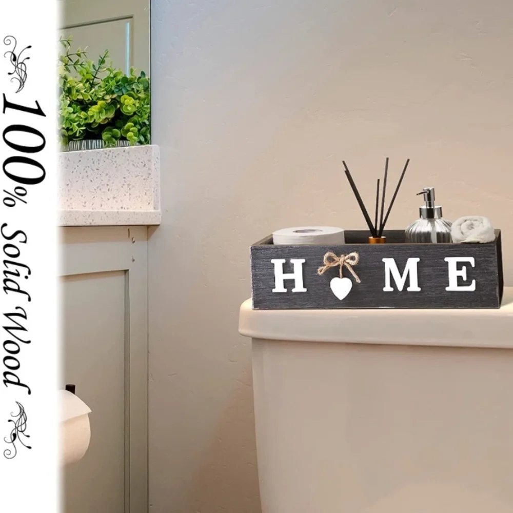 Toilet Paper Storage Box Bathroom Wood Tank with Home Sign Rustic